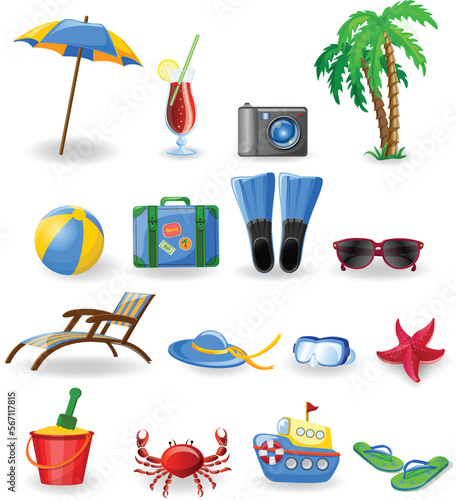 Cartoon summer elements, travel, beach, summertime accessory. Cocktails, ice cream and exotic fruits vector illustration set. Palm and serfing board.