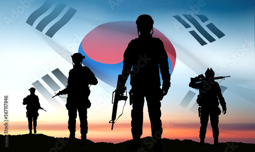 Silhouettes of soldiers on background of sunset and South Korea flag. Armed forces of Korea. Background for Memorial Day, Liberation Day. EPS10 vector