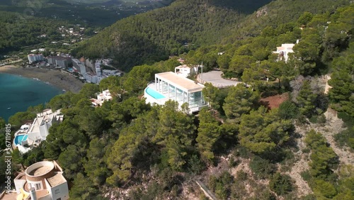 panorama drone mountain villa ibiza beach view. Marvelous aerial view flight photo