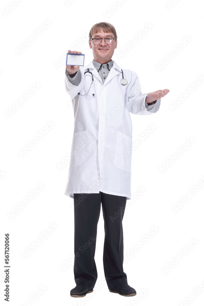 smiling doctor showing his visiting card. isolated on white background. smiling doctor showing his visiting card. isolated on white background.