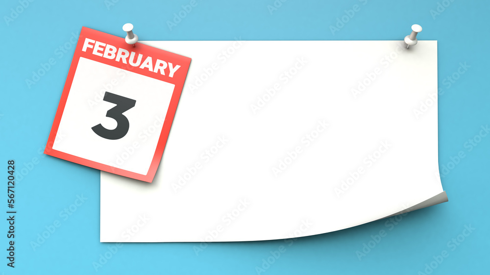 February 3. A calendar sheet with a date on a blue background. Copy space. The best day of the year. Three-dimensional illustration. 3D rendering. February 3. A calendar sheet with a date on a blue background. Copy space. The best day of the year. Three-dimensional illustration. 3D rendering.