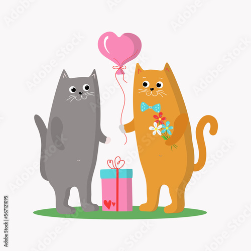 Cartoon cats with a gift box and a heart shaped balloon.  Couple of cats in love, valentine's day, balloon.    Vector illustration.  Cute icon of a kittens with a gift in a holiday package.