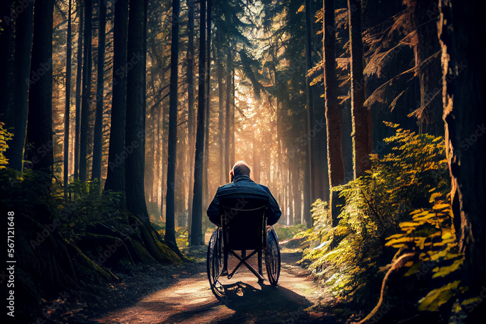 behinderter-mann-im-rollstuhl-f-hrt-durch-einen-wald-generative-ai