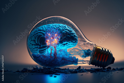 Illustration of a technological brain inside of a lightbulb, AI Generated
