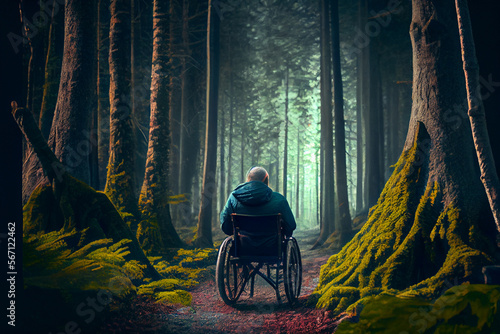 Behinderter Mann im Rollstuhl, fährt durch einen Wald - Generative Ai