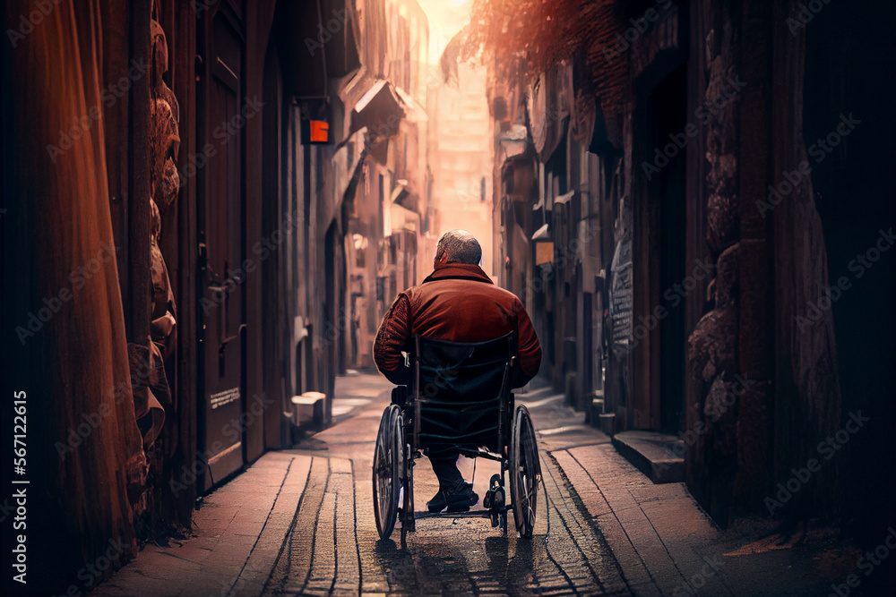 Behinderter Mann im Rollstuhl, fährt  durch die Stadt - Generative Ai