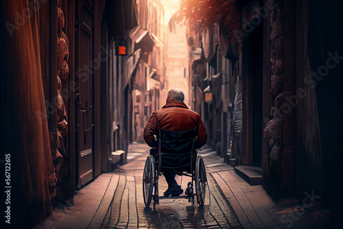 Behinderter Mann im Rollstuhl, fährt  durch die Stadt - Generative Ai © Sarah