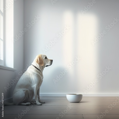 white dog sitting in front of his bowl - generative AI