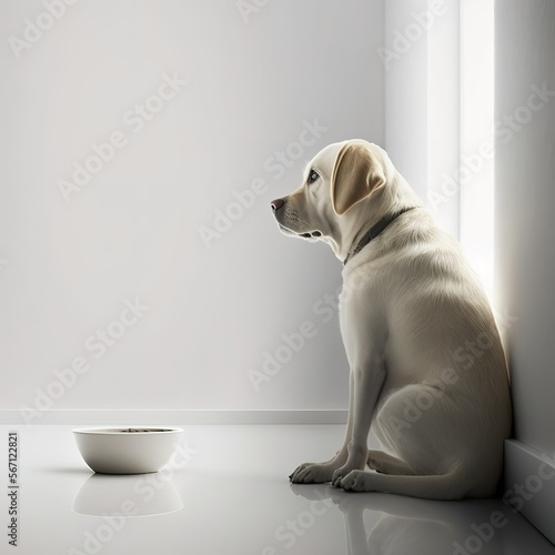 white dog sitting in front of his bowl - generative AI