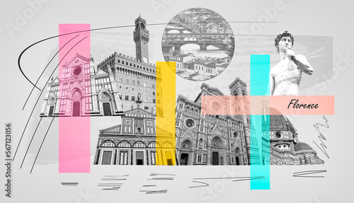 Collage of landmarks of Florence, Italy. Basilica of Santa Maria del Fiore or Basilica of Saint Mary of the Flower in Florence, Italy