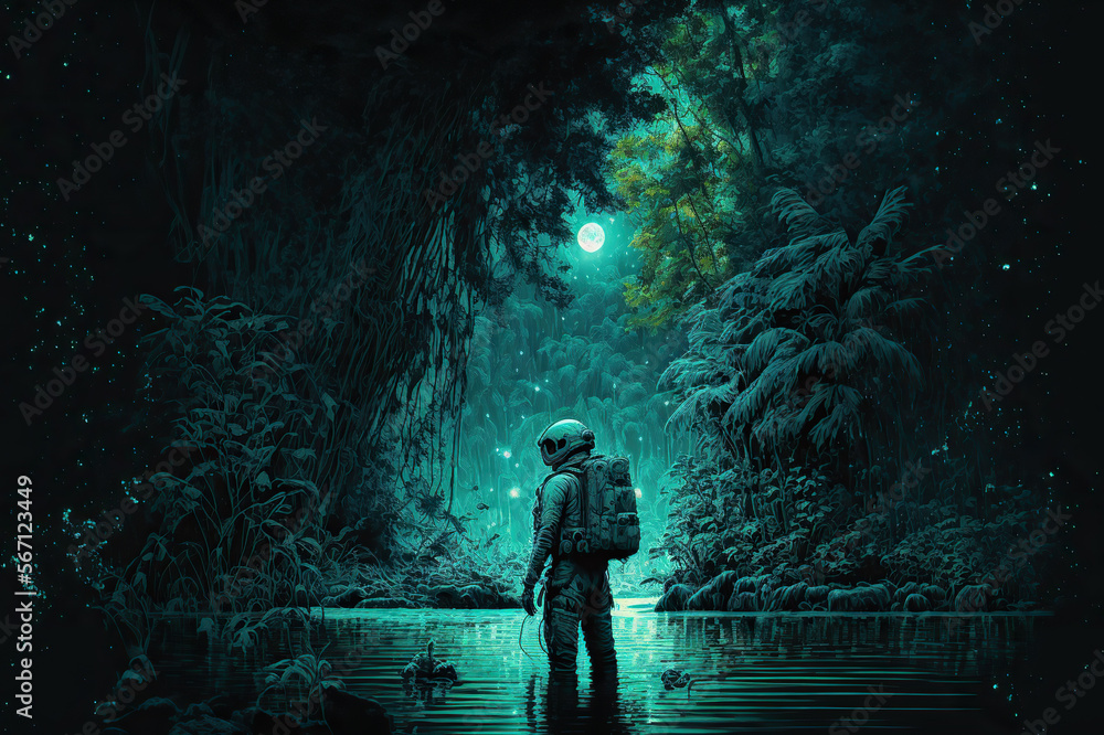 Fototapeta premium astronaut stands in the water in the jungle under the starry night sky on a fantastic planet. Generative AI