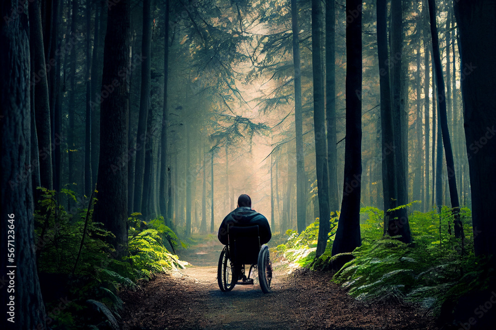 behinderter-mann-im-rollstuhl-f-hrt-durch-einen-wald-generative-ai