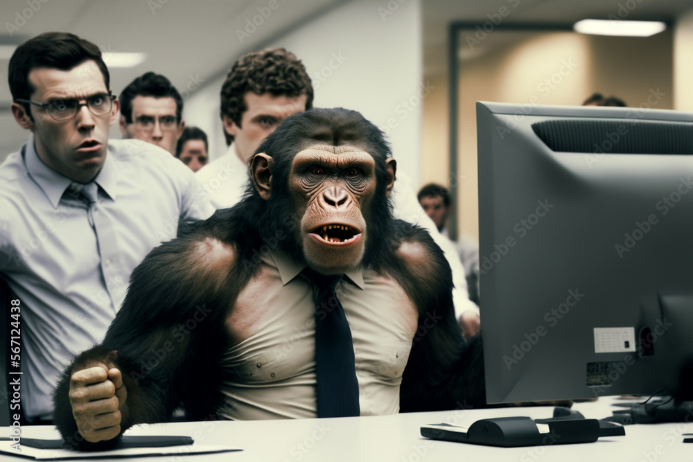funny work weekdays in the office. Stupid boss in the office stupid office workers. Chimpanzee office worker AI Generation - obrazy, fototapety, plakaty 