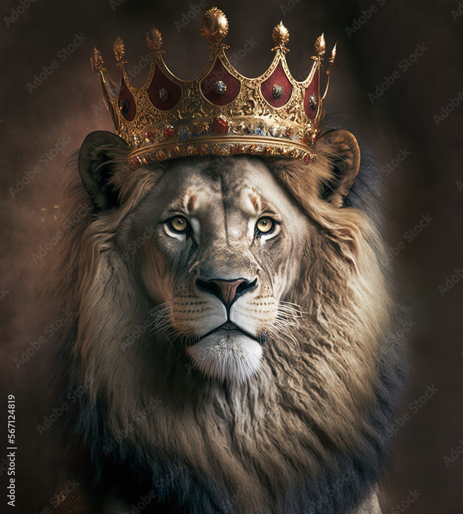 King male lion wearing a gold crown sitting on the throne looking ...