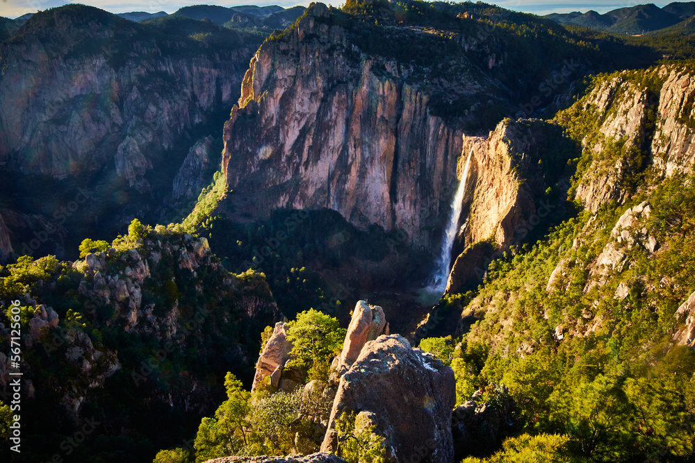 beautifull and big waterfall with amazing cliff and forest around, sierra tarahumara in basaseachi chihuahua 