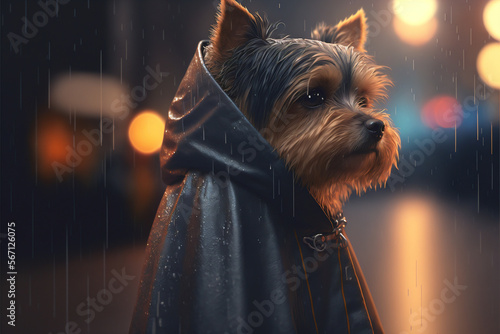 AI Yorkshire terrier wearing a raincoat in the rain - Generative AI photo