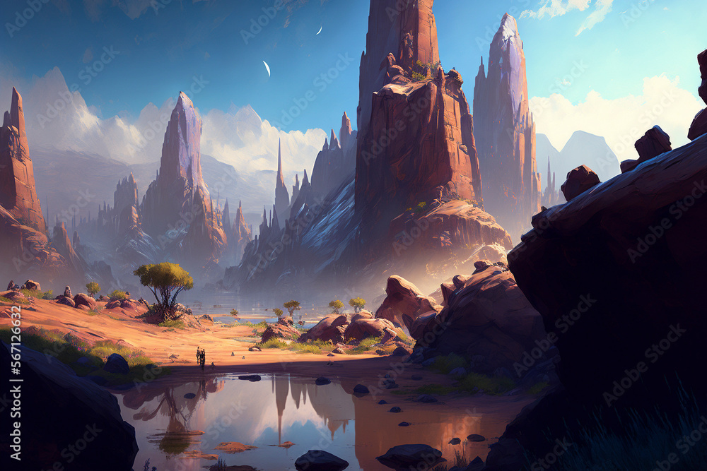 Beautiful landscape with big Mountains and Valleys created using Generative AI technology - Landscape, Digital art, Concept art, Comics