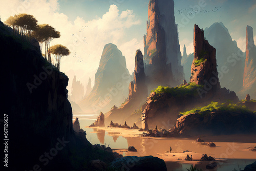 Beautiful landscape with big Mountains and Valleys created using Generative AI technology - Landscape, Digital art, Concept art, Comics