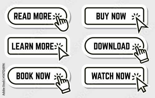 Modern style buttons set in dark colors. Read, learn more, watch and buy now button for web and mobile apps. Vector EPS 10. Vector illustration