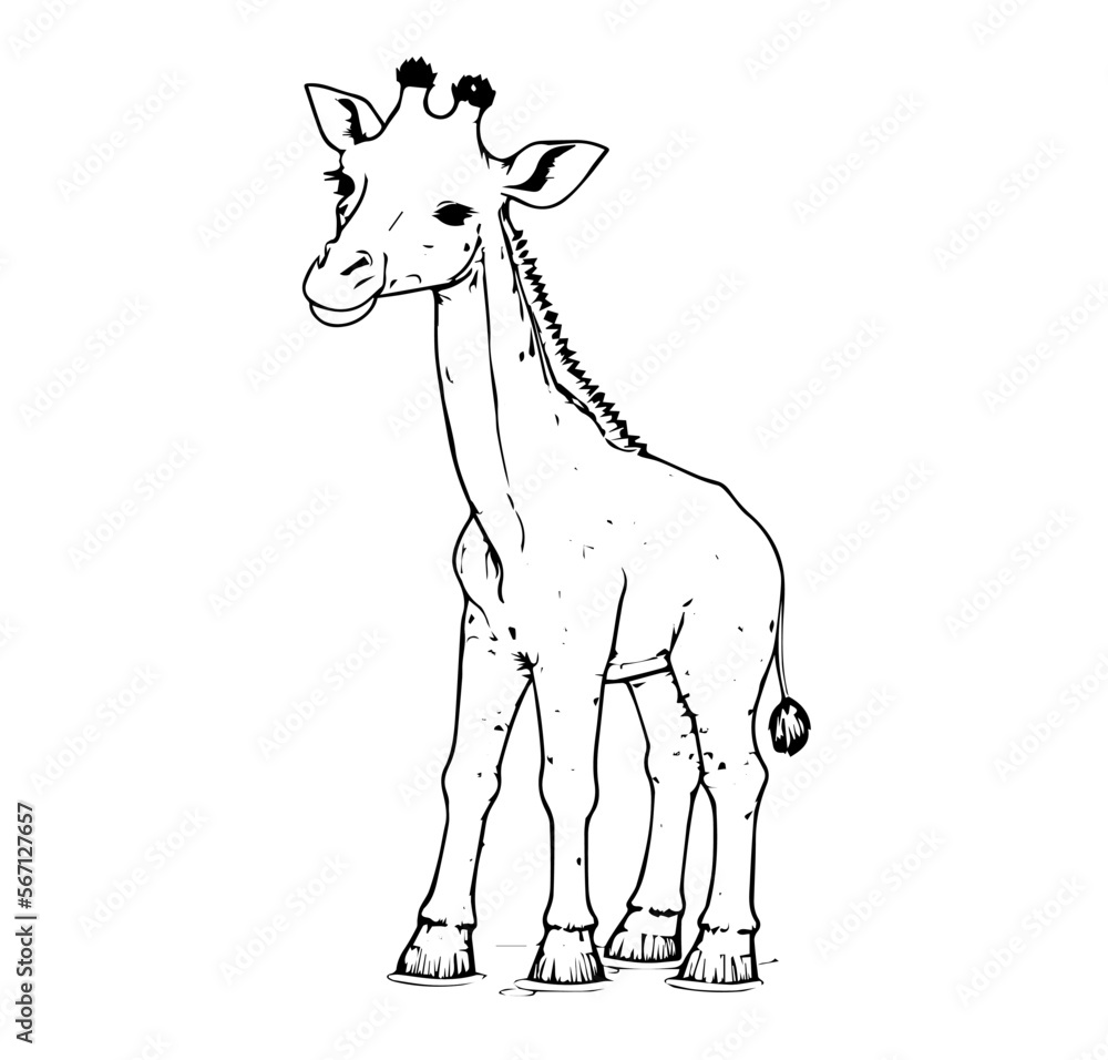 Fototapeta premium Giraffe in cartoon black and white style for coloring. Vector illustration