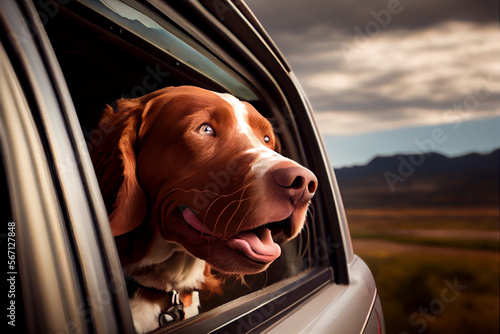 glücklicher Hund, der den Kopf aus dem Autofenster streckt und Spaß hat - Generative Ai © Sarah