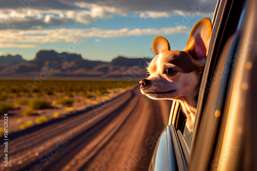 glücklicher Hund, der den Kopf aus dem Autofenster streckt und Spaß hat - Generative Ai © Sarah