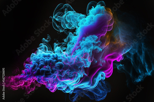 Multicolored thick smoke, blue and purple neon on a black background. AI © MiaStendal