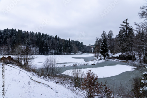 View of the frozen and partly snow-covered Ebnisee in winter