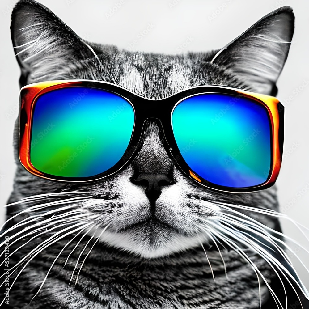 cat in sunglasses, hyperrealism, superrealism, vivid colors, pop color, realism, synthwave, single-color background, generative ai