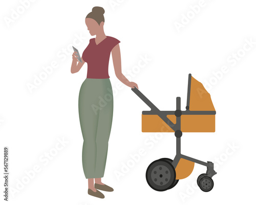 Woman checking messages on her smartphone while pushing a pram.