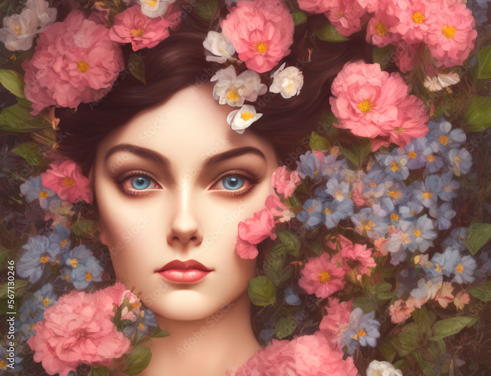 Romantic portrait of a young woman lying in a bed of colorful flowers Romantic portrait of a young woman lying in a bed of colorful flowers