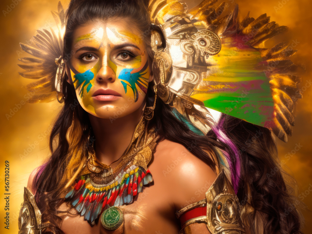 Beautiful young Aztec woman adorned with glittering gold accessories