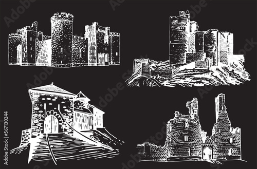 Graphical set of castles isolated on black background,vector illustration,architecture