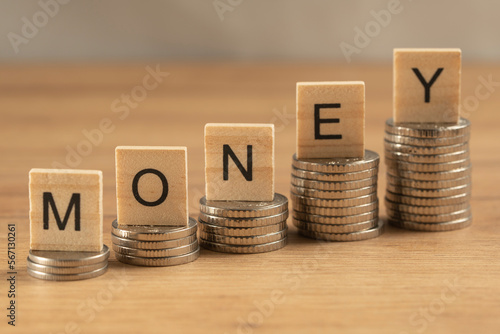 Wooden cubes on a wooden background with the inscription "money" concept, business and success in finance. The economic growth of finance. Money work investment concept