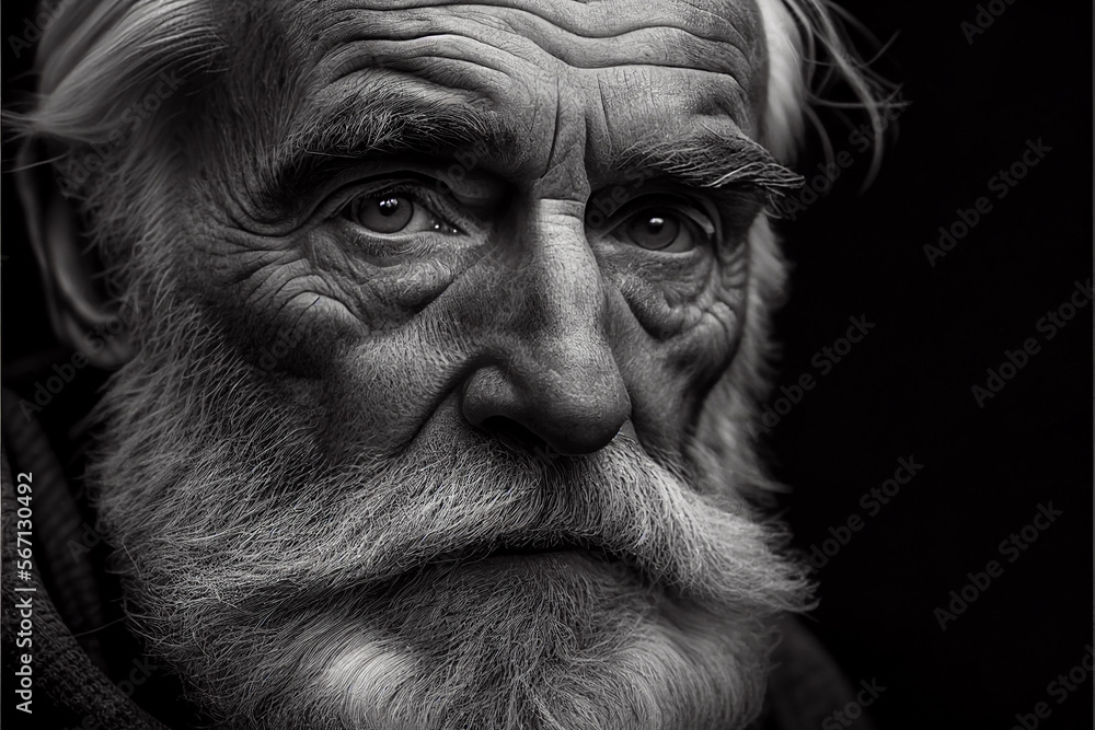 Old man with wrinkles and beard looking into the camera, black and white, Generative AI Old man with wrinkles and beard looking into the camera, black and white, Generative AI