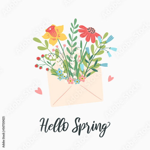 Hello spring! Greeting card with flowers in an envelope. Hand-drawn trendy letter with flowers inside. The modern concept of greeting. Botanical floral elements.