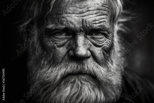 Old man with wrinkles and beard looking into the camera  black and white  Generative AI