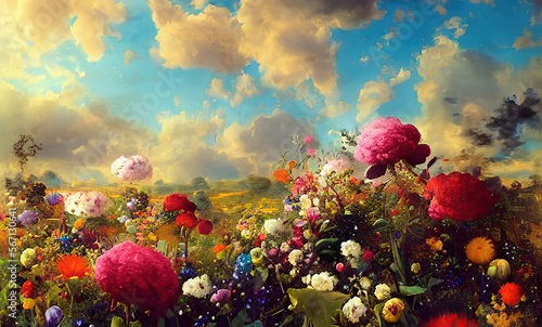 Valokuva Paradise garden full of flowers, beautiful idyllic  background with many flowers in eden, 3d illustration with juicy colors