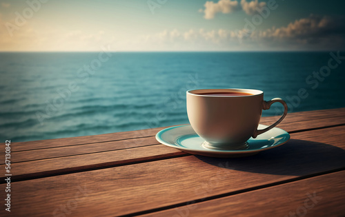 Empty wooden deck table over ocean background with glass cup of tea and saucer on wooden table, a pleasant relaxing drink, generated ai
