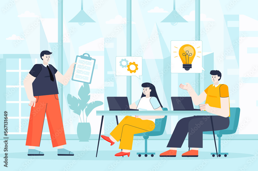 Teamwork concept in flat design. Colleagues work at office scene. Employees team at business meeting, discussion of strategy, brainstorming. Illustration of people characters for landing page