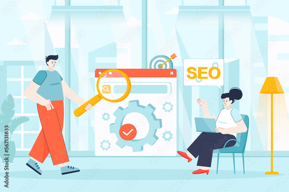 Seo optimization concept in flat design. Developers work in office scene. Man and woman customize search, targeting, ranking, analysis data. Illustration of people characters for landing page Seo optimization concept in flat design. Developers work in office scene. Man and woman customize search, targeting, ranking, analysis data. Illustration of people characters for landing page