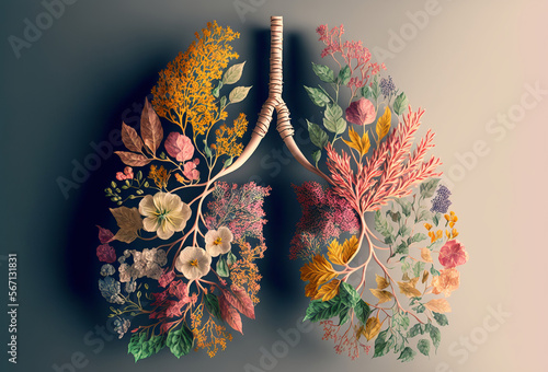 Lungs made from flowers and nature. Air pollution concept. Generative ai photo