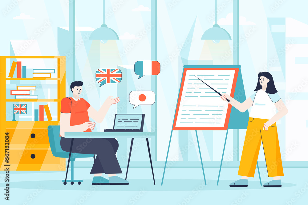 Language courses concept in flat design. Student in lesson at classroom scene. Man studying English, French, Japanese, listening to teacher. Illustration of people characters for landing page