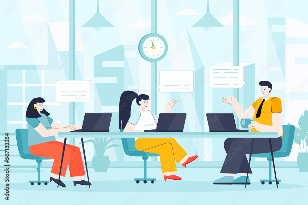 Focus group concept in flat design. Man and women communicate in office scene. Marketing team discuss company strategy, brainstorms, talking. Illustration of people characters for landing page