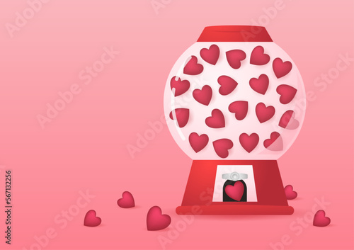 Heart in vending machine filled with red blue and white bubble gum hearts on pink background. illustration with transparent glass. Valentine's day.
