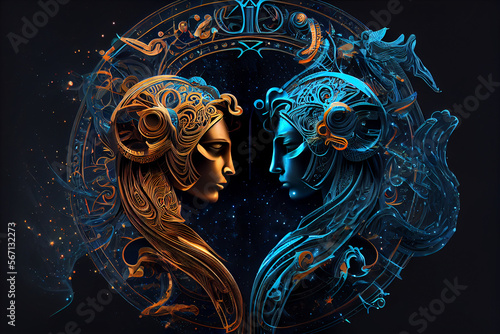 Gemini Zodiac Sign astrological constellation twins. Horoscope sign gemini. Ai generated illustration. photo