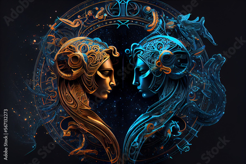 Gemini Zodiac Sign astrological constellation twins. Horoscope sign gemini. Ai generated illustration.