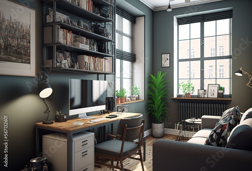 Interior Of Small Apartment Living Rom And Home Office Generative AI