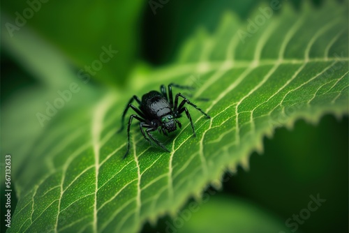 Small Black Spider On Green Leaf Generative AI