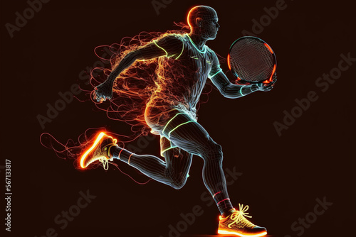 Tennis player created from neon lights in motion. Generative Ai. 